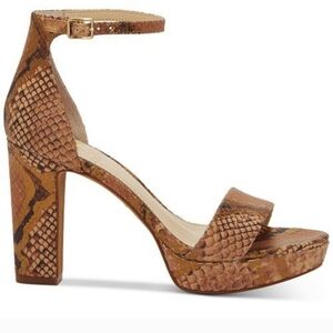 Vince Camuto Sandals, Block Heel,‎ Size 8M, Leather, Ankle Strap, Gold Accents